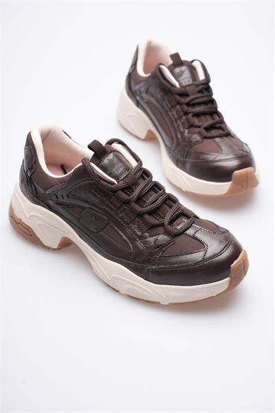 Kadın Sneaker File Baskılı Kalın Tabanlı Kahve Rivex