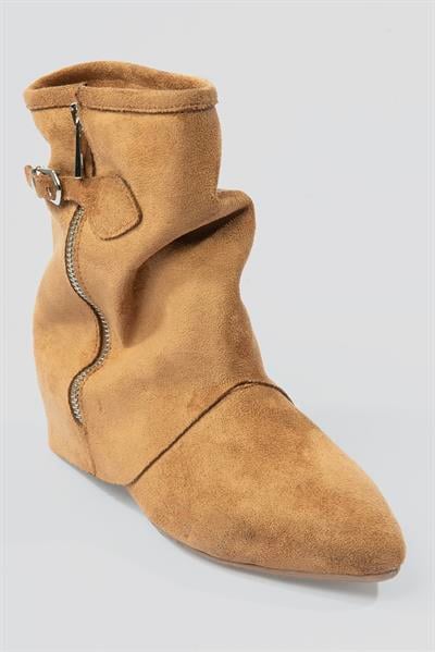 Kadın Süet Bot Fermuarlı Tokalı Taba Armela