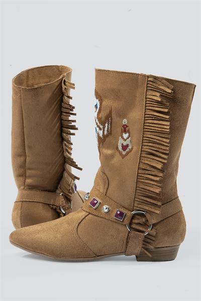 Kadın Süet Bot İşlemeli Püskül Detaylı Taba Tessa