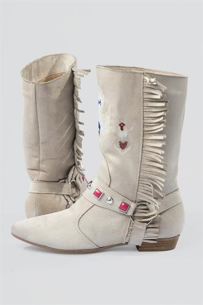 Kadın Süet Bot İşlemeli Püskül Detaylı Bej Tessa