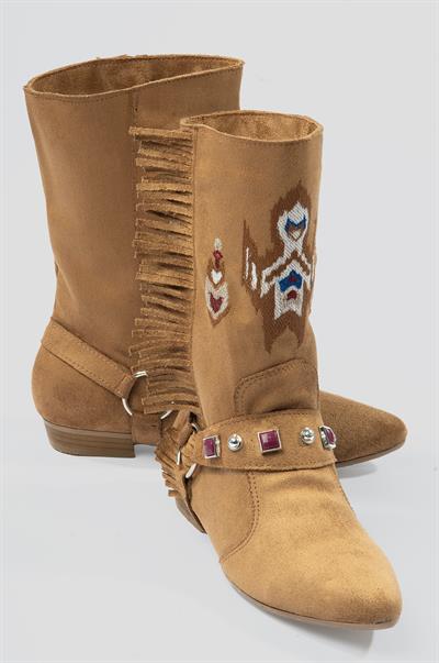 Kadın Süet Bot İşlemeli Püskül Detaylı Taba Tessa