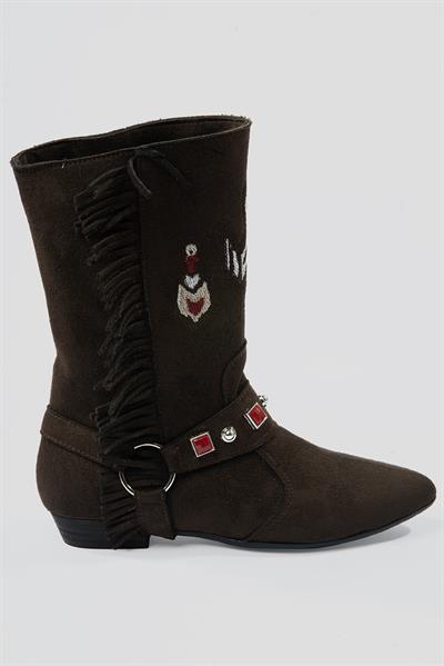 Kadın Süet Bot İşlemeli Püskül Detaylı Kahverengi Tessa