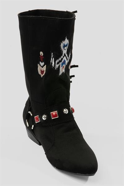 Kadın Süet Bot İşlemeli Püskül Detaylı Siyah Tessa