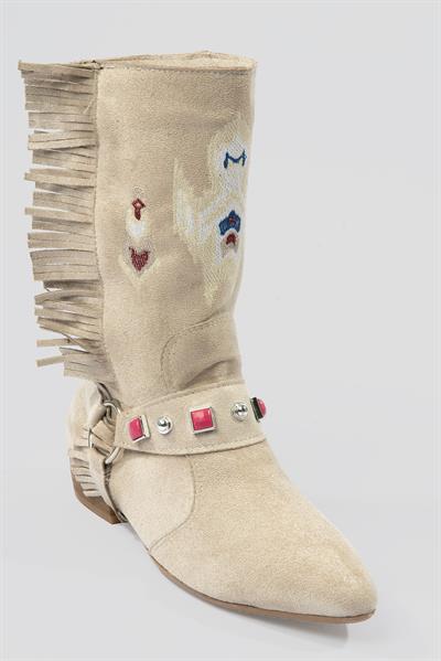 Kadın Süet Bot İşlemeli Püskül Detaylı Bej Tessa