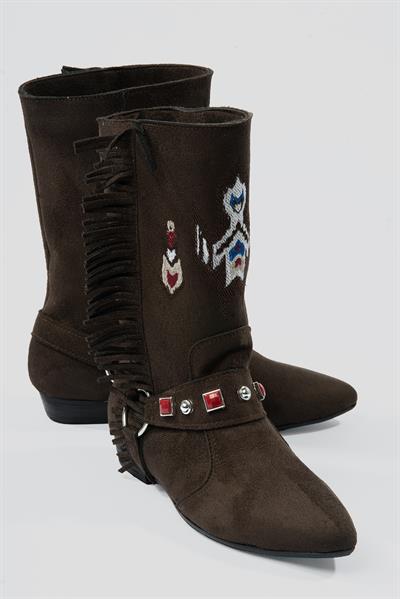 Kadın Süet Bot İşlemeli Püskül Detaylı Kahverengi Tessa