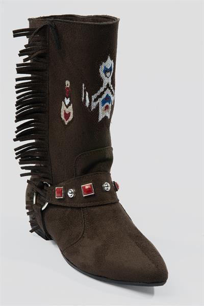 Kadın Süet Bot İşlemeli Püskül Detaylı Kahverengi Tessa