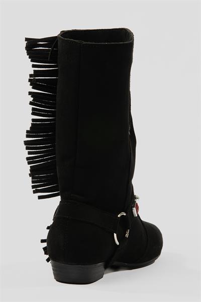 Kadın Süet Bot İşlemeli Püskül Detaylı Siyah Tessa