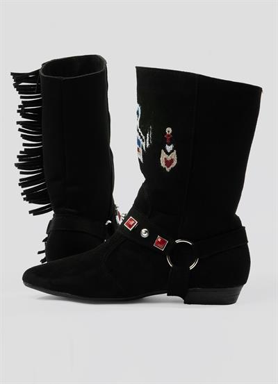 Kadın Süet Bot İşlemeli Püskül Detaylı Siyah Tessa
