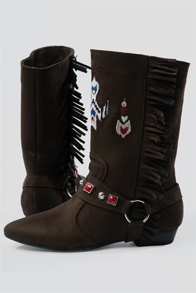 Kadın Süet Bot İşlemeli Püskül Detaylı Kahverengi Tessa