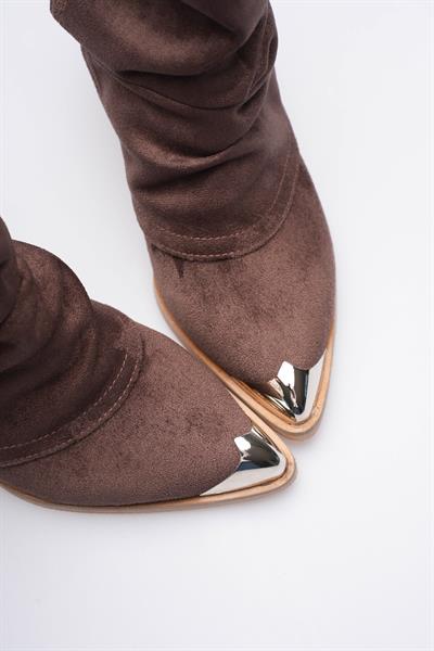 Kadın Süet Bot Körüklü Çekme Platin Detaylı Western Kahve Milora