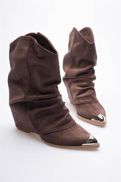 Kadın Süet Bot Körüklü Çekme Platin Detaylı Western Kahve Milora