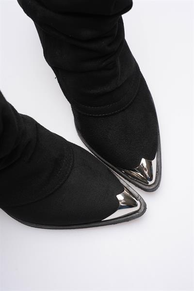 Kadın Süet Bot Körüklü Çekme Platin Detaylı Western Siyah Milora