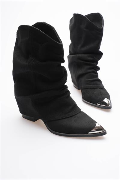 Kadın Süet Bot Körüklü Çekme Platin Detaylı Western Siyah Milora