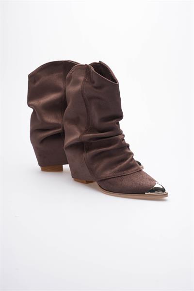 Kadın Süet Bot Körüklü Çekme Platin Detaylı Western Kahve Milora