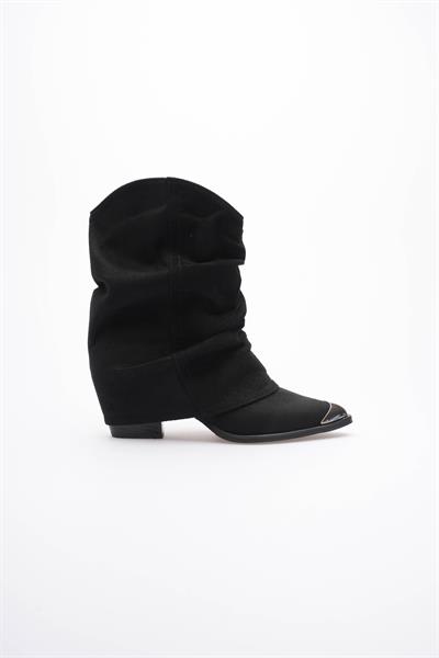 Kadın Süet Bot Körüklü Çekme Platin Detaylı Western Siyah Milora