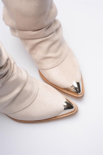 Kadın Süet Bot Körüklü Çekme Platin Detaylı Western Bej Milora