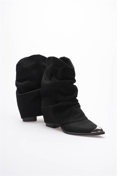 Kadın Süet Bot Körüklü Çekme Platin Detaylı Western Siyah Milora