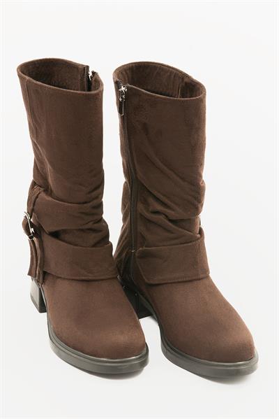 Kadın Süet Bot Körüklü Fermuarlı Platin Tokalı Kahve Vandira