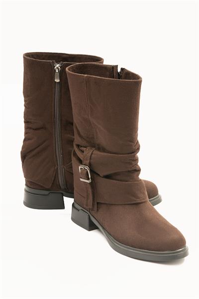Kadın Süet Bot Körüklü Fermuarlı Platin Tokalı Kahve Vandira