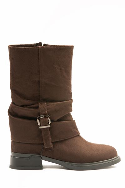 Kadın Süet Bot Körüklü Fermuarlı Platin Tokalı Kahve Vandira