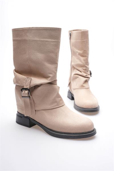 Kadın Süet Bot Körüklü Fermuarlı Platin Tokalı Vizon Vandira