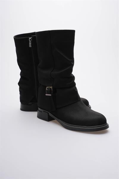 Kadın Süet Bot Körüklü Fermuarlı Platin Tokalı Siyah Vandira