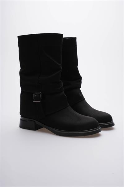 Kadın Süet Bot Körüklü Fermuarlı Platin Tokalı Siyah Vandira