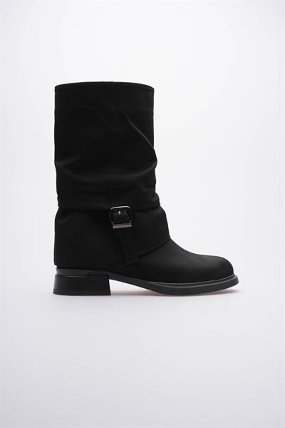 Kadın Süet Bot Körüklü Fermuarlı Platin Tokalı Siyah Vandira