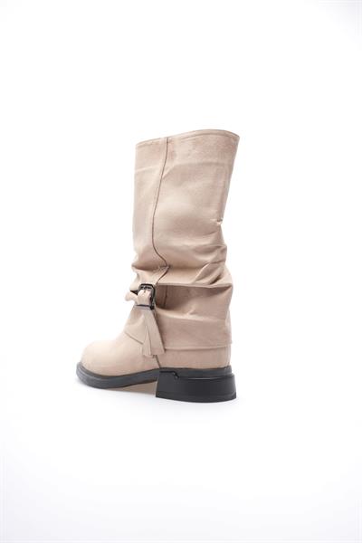 Kadın Süet Bot Körüklü Fermuarlı Platin Tokalı Vizon Vandira