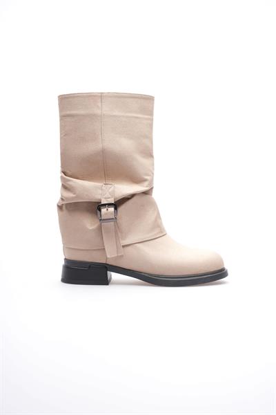 Kadın Süet Bot Körüklü Fermuarlı Platin Tokalı Vizon Vandira