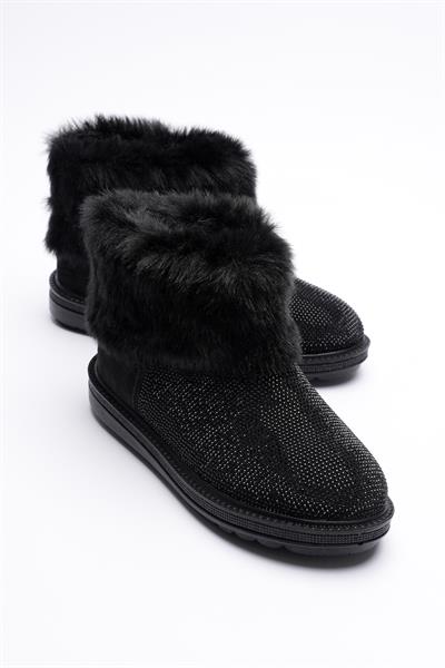 Kadın Süet Bot Taşlı Peluşlu Siyah Mira