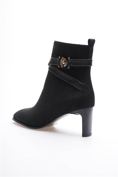 Kadın Süet Bot Topuklu Fermuarlı Gold Aksesuarlı Siyah Tirena