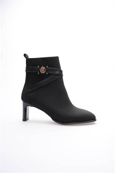 Kadın Süet Bot Topuklu Fermuarlı Gold Aksesuarlı Siyah Tirena