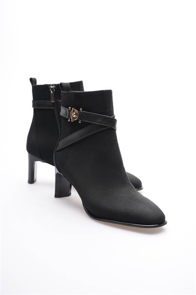 Kadın Süet Bot Topuklu Fermuarlı Gold Aksesuarlı Siyah Tirena