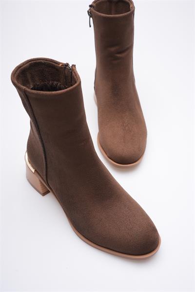 Kadın Süet Bot Topuklu Gold Detaylı Femuarlı Kahve Elaris