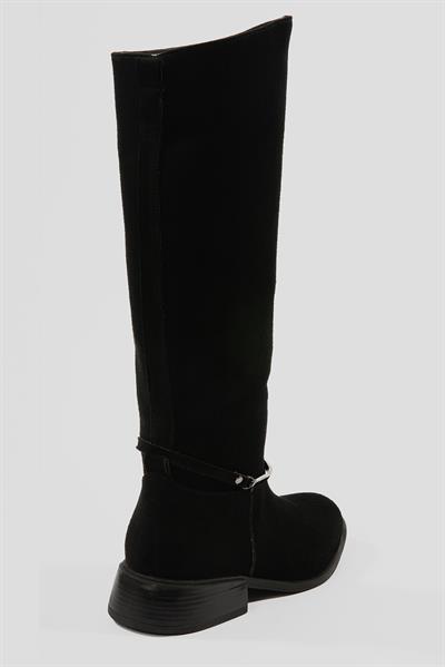 Kadın Süet Çizme Tokalı Kalın Topuklu Siyah Miretta
