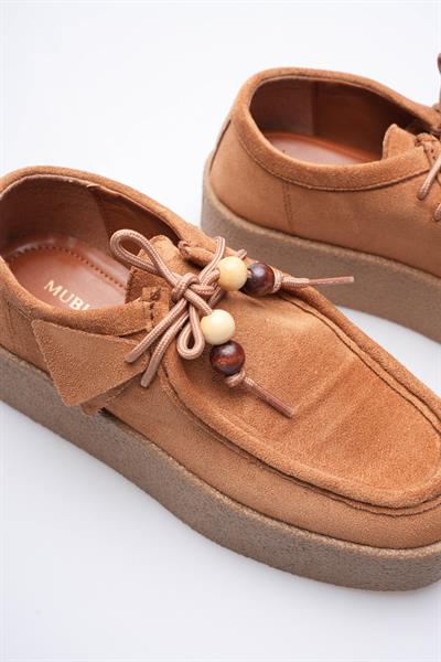 Kadın Süet Loafer Ayakkabı Bağcık Boncuk Detaylı Taba Kavera