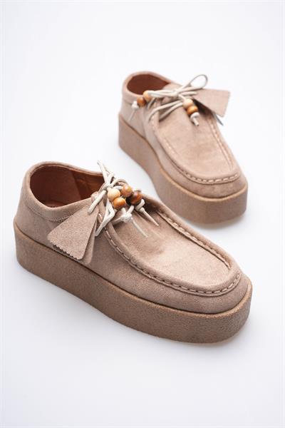 Kadın Süet Loafer Ayakkabı Bağcık Boncuk Detaylı Vizon Kavera