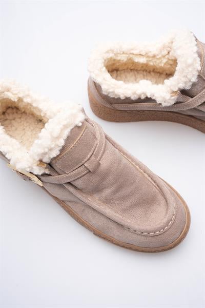 Kadın Süet Loafer Ayakkabı Kürklü Tokalı Vizon Selva