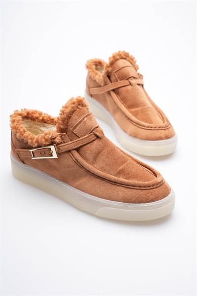 Kadın Süet Loafer Ayakkabı Kürklü Tokalı Taba Selva