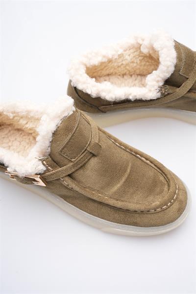Kadın Süet Loafer Ayakkabı Kürklü Tokalı Haki Selva