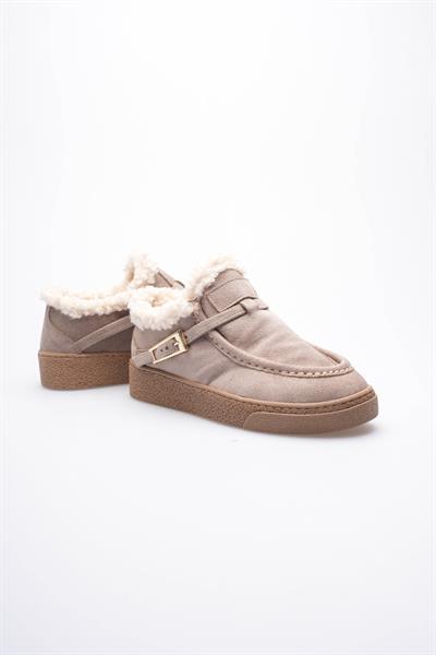 Kadın Süet Loafer Ayakkabı Kürklü Tokalı Vizon Selva