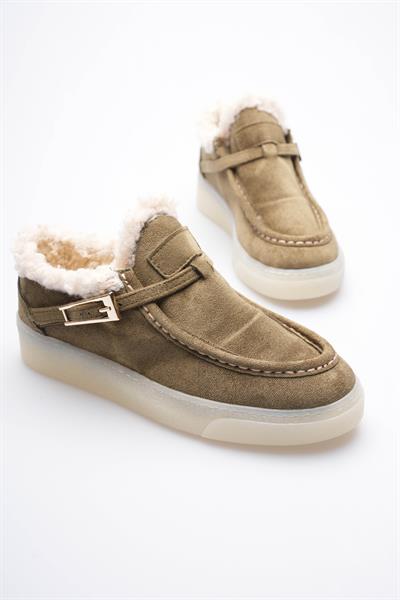 Kadın Süet Loafer Ayakkabı Kürklü Tokalı Haki Selva