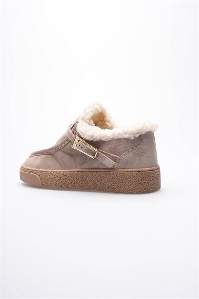 Kadın Süet Loafer Ayakkabı Kürklü Tokalı Vizon Selva