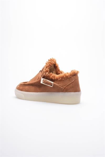 Kadın Süet Loafer Ayakkabı Kürklü Tokalı Taba Selva