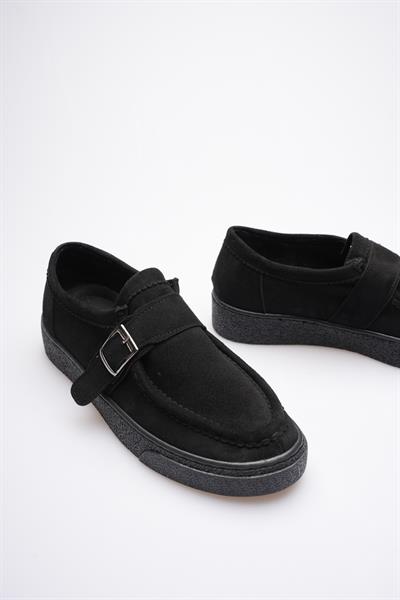 Kadın Süet Loafer Ayakkabı Tokalı Siyah Corven