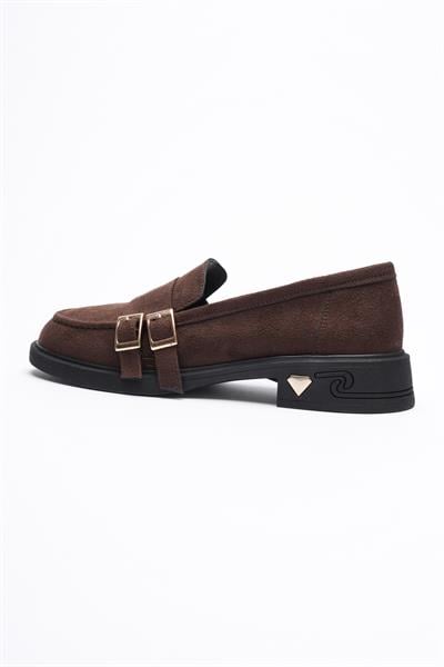 Kadın Süet Loafer Gold Tokalı Kahve Viva