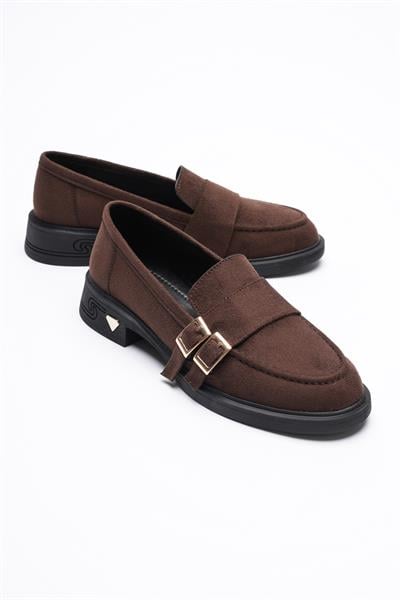 Kadın Süet Loafer Gold Tokalı Kahve Viva