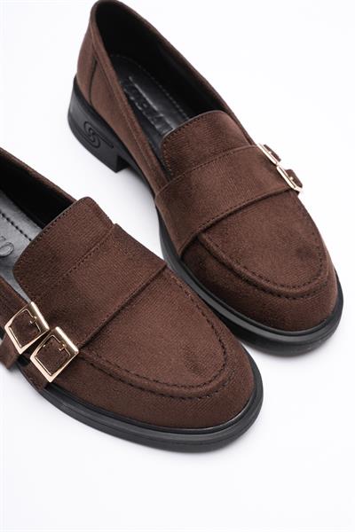 Kadın Süet Loafer Gold Tokalı Kahve Viva