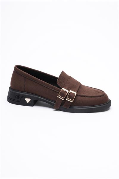 Kadın Süet Loafer Gold Tokalı Kahve Viva